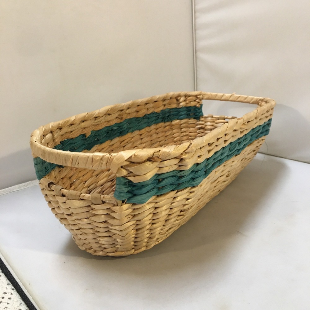 Woven Wicker Storage Basket Home Decor Tan Teal Stripe 14in Dual Handles